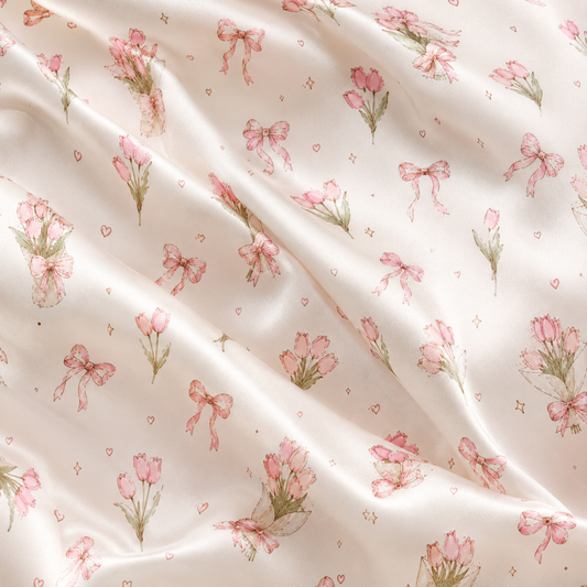 PJ-M052-Pink Tulip Satin Pajama Set with Floral Bow Pattern for Cozy Feminine Sleepwear