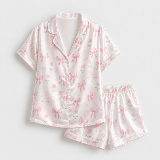 PJ-M053-Pink Bow and Floral Heart Satin Pajama Set with Cute Romantic Pattern for Cozy Sleepwear
