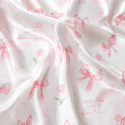 PJ-M053-Pink Bow and Floral Heart Satin Pajama Set with Cute Romantic Pattern for Cozy Sleepwear