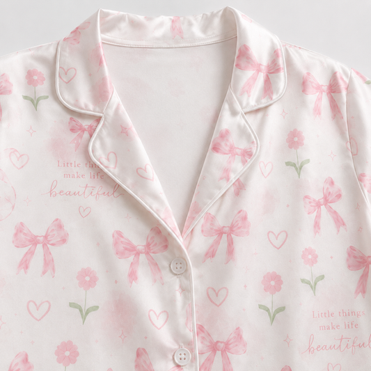 PJ-M053-Pink Bow and Floral Heart Satin Pajama Set with Cute Romantic Pattern for Cozy Sleepwear