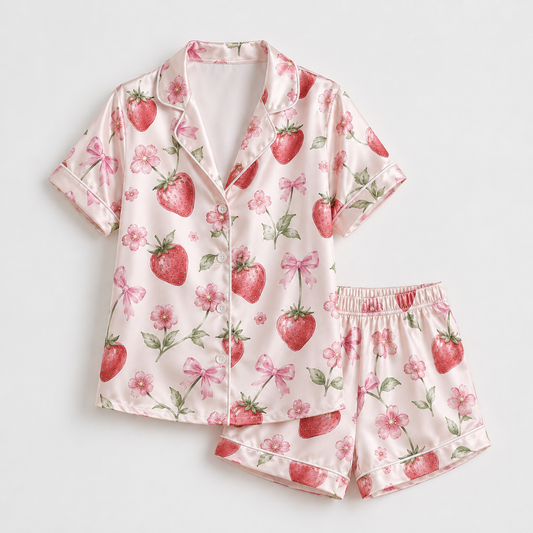 PJ-M054-Sweet Strawberry Blossom And Pink Bow Graphic Satin Sleepwear Pajama Set