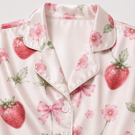 PJ-M054-Sweet Strawberry Blossom And Pink Bow Graphic Satin Sleepwear Pajama Set
