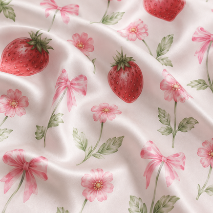 PJ-M054-Sweet Strawberry Blossom And Pink Bow Graphic Satin Sleepwear Pajama Set