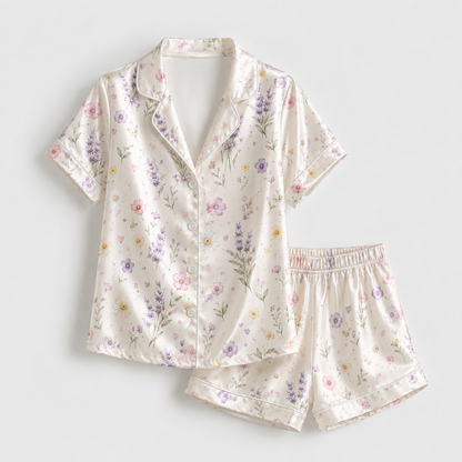 PJ-M055-Romantic Watercolor Botanical Floral Heart Pattern Ivory Satin Sleepwear Button Front Lounge Pajama Set