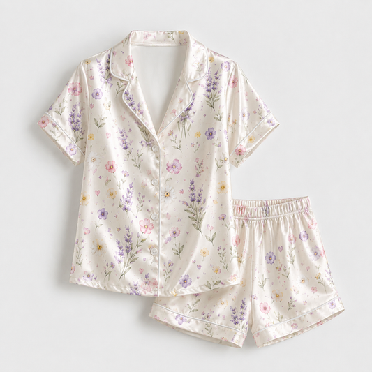 PJ-M055-Romantic Watercolor Botanical Floral Heart Pattern Ivory Satin Sleepwear Button Front Lounge Pajama Set
