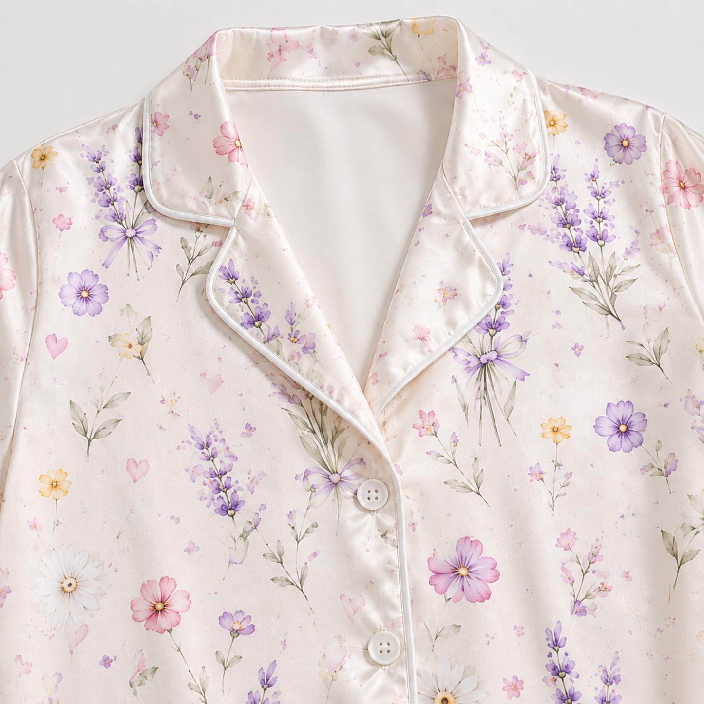 PJ-M055-Romantic Watercolor Botanical Floral Heart Pattern Ivory Satin Sleepwear Button Front Lounge Pajama Set