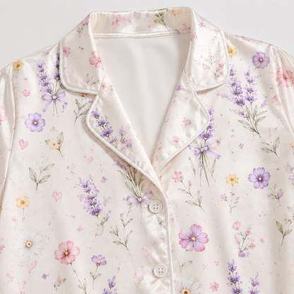 PJ-M055-Romantic Watercolor Botanical Floral Heart Pattern Ivory Satin Sleepwear Button Front Lounge Pajama Set