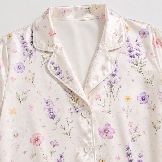 PJ-M055-Romantic Watercolor Botanical Floral Heart Pattern Ivory Satin Sleepwear Button Front Lounge Pajama Set
