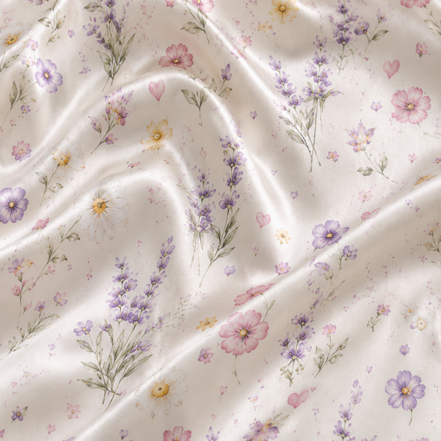 PJ-M055-Romantic Watercolor Botanical Floral Heart Pattern Ivory Satin Sleepwear Button Front Lounge Pajama Set