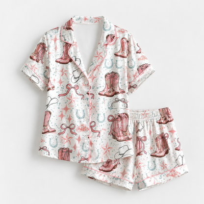 PJ-M059-Cute Pink Western Cowboy Boot Bow Star Graphic White Satin Bridal Match Pajama Set