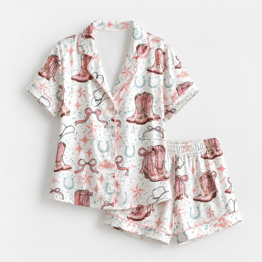PJ-M059-Cute Pink Western Cowboy Boot Bow Star Graphic White Satin Bridal Match Pajama Set