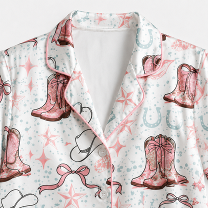 PJ-M059-Cute Pink Western Cowboy Boot Bow Star Graphic White Satin Bridal Match Pajama Set