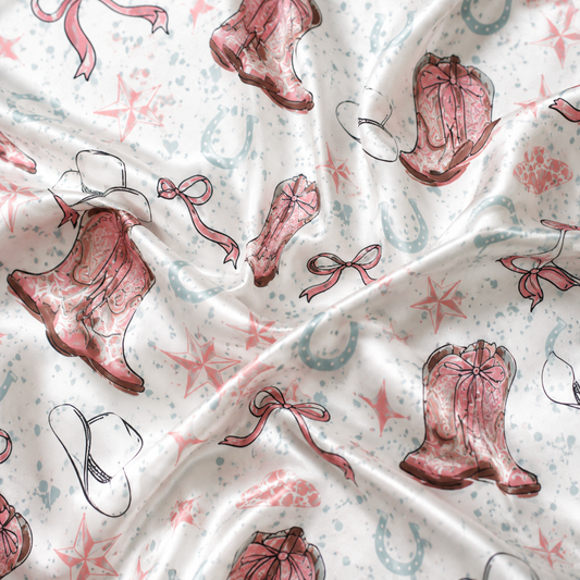 PJ-M059-Cute Pink Western Cowboy Boot Bow Star Graphic White Satin Bridal Match Pajama Set