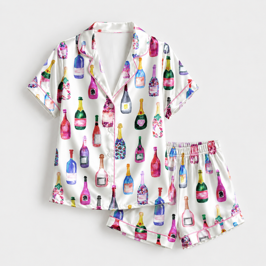 PJ-M060-Colorful Champagne and Wine Satin Pajama Set with Watercolor Bottle Print for Cozy Loungewear
