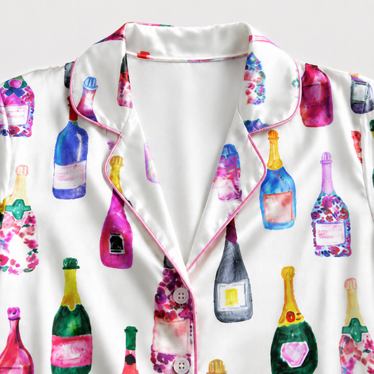 PJ-M060-Colorful Champagne and Wine Satin Pajama Set with Watercolor Bottle Print for Cozy Loungewear