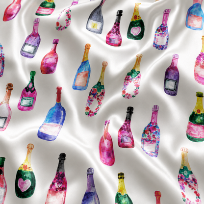 PJ-M060-Colorful Champagne and Wine Satin Pajama Set with Watercolor Bottle Print for Cozy Loungewear