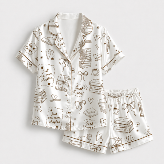 PJ-M061-Bookish Line Art Satin Pajamas Literary Coffee Reading Lounge Set Pjs