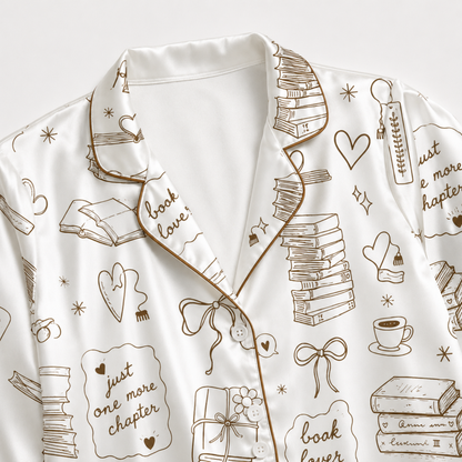 PJ-M061-Bookish Line Art Satin Pajamas Literary Coffee Reading Lounge Set Pjs