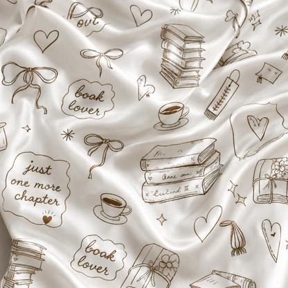 PJ-M061-Bookish Line Art Satin Pajamas Literary Coffee Reading Lounge Set Pjs
