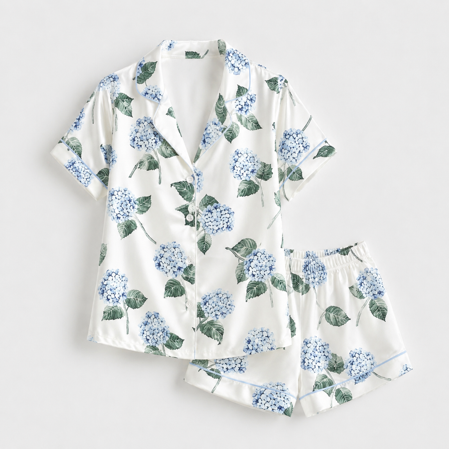 PJ-M062-Blue Hydrangea Satin Pajama Set with Elegant Floral Botanical Pattern for Cozy Sleepwear