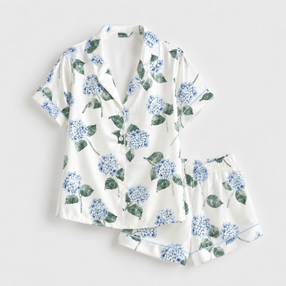 PJ-M062-Blue Hydrangea Satin Pajama Set with Elegant Floral Botanical Pattern for Cozy Sleepwear