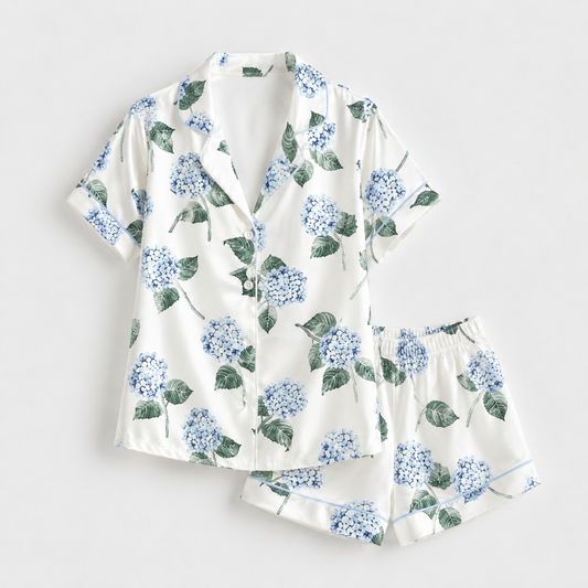 PJ-M062-Blue Hydrangea Satin Pajama Set with Elegant Floral Botanical Pattern for Cozy Sleepwear