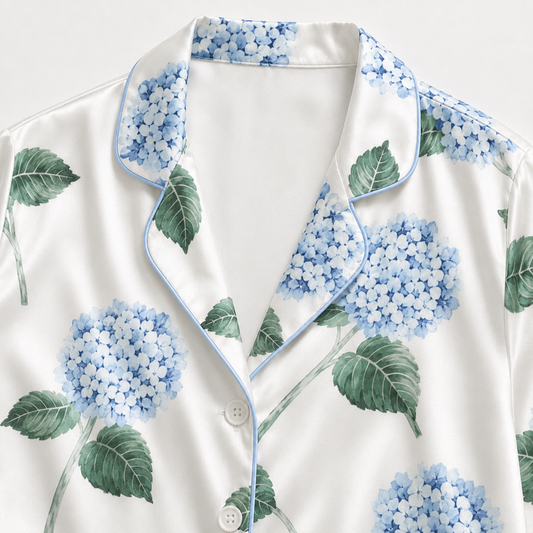 PJ-M062-Blue Hydrangea Satin Pajama Set with Elegant Floral Botanical Pattern for Cozy Sleepwear