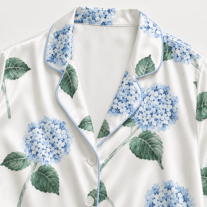 PJ-M062-Blue Hydrangea Satin Pajama Set with Elegant Floral Botanical Pattern for Cozy Sleepwear