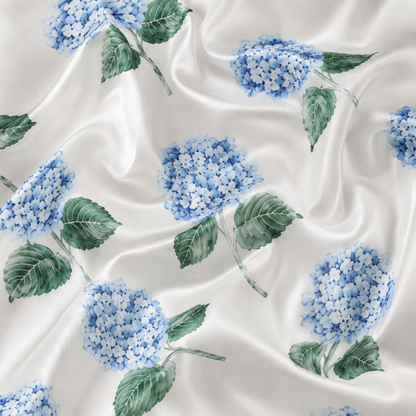 PJ-M062-Blue Hydrangea Satin Pajama Set with Elegant Floral Botanical Pattern for Cozy Sleepwear
