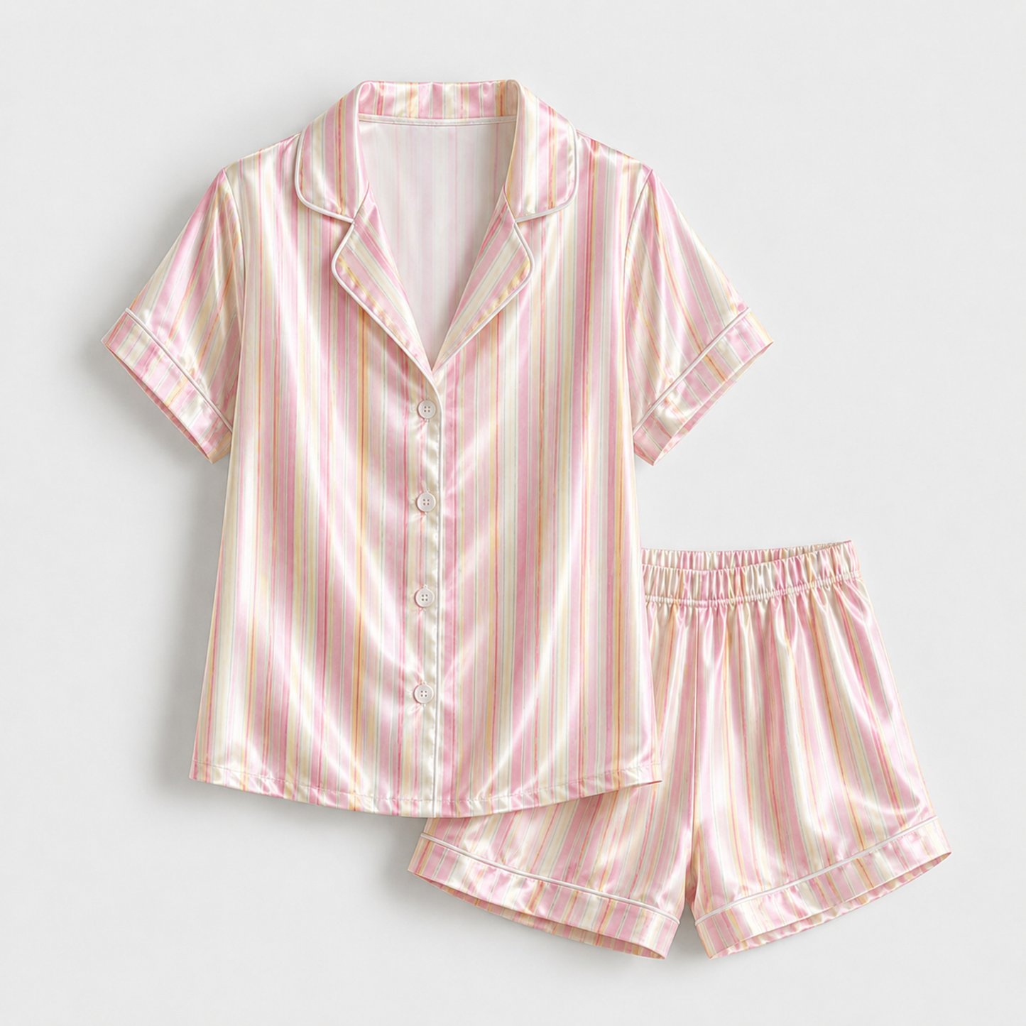 PJ-M079-Classic Pink Striped Pattern Glossy Satin Button Front Sleepwear Bridal Party Women Pajama Set