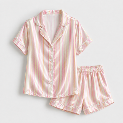 PJ-M079-Classic Pink Striped Pattern Glossy Satin Button Front Sleepwear Bridal Party Women Pajama Set