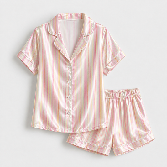 PJ-M079-Classic Pink Striped Pattern Glossy Satin Button Front Sleepwear Bridal Party Women Pajama Set