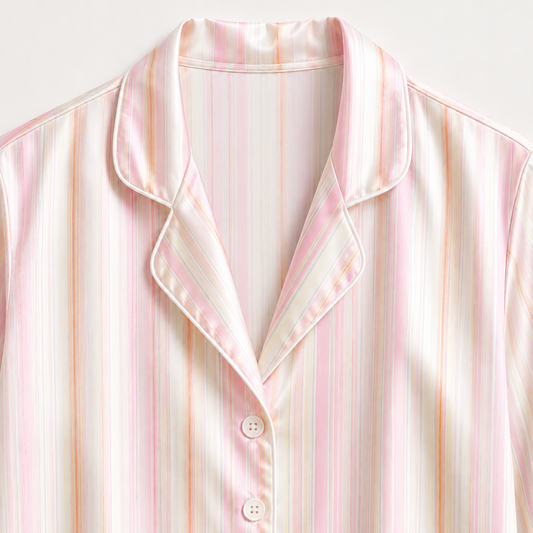 PJ-M079-Classic Pink Striped Pattern Glossy Satin Button Front Sleepwear Bridal Party Women Pajama Set