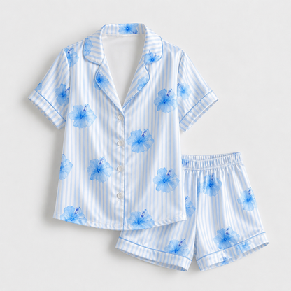 PJ-M080-Blue Striped White Satin Tropical Hibiscus Floral Print Button Down Women Lounge Pajama Set