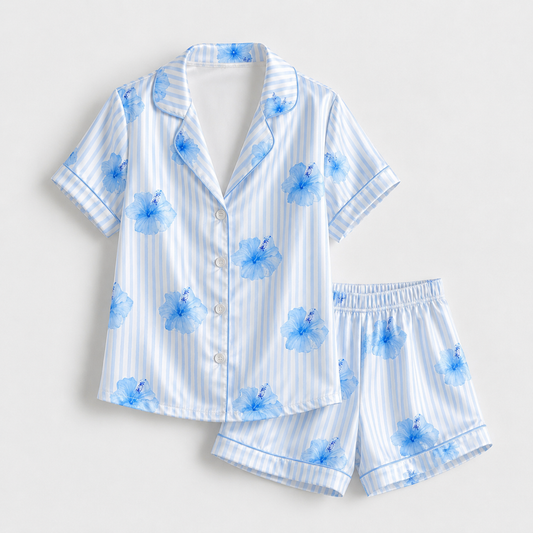 PJ-M080-Blue Striped White Satin Tropical Hibiscus Floral Print Button Down Women Lounge Pajama Set
