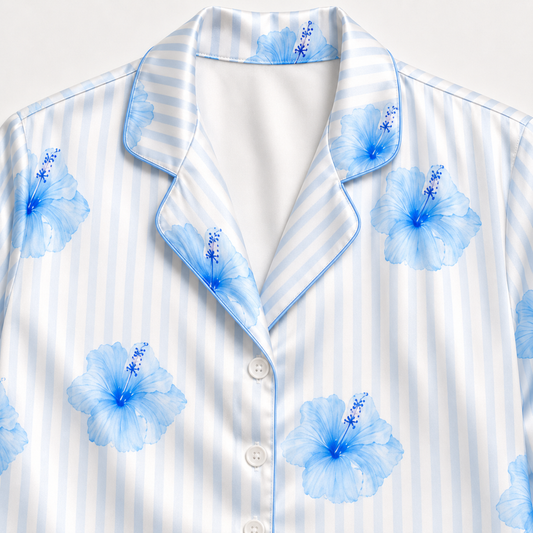 PJ-M080-Blue Striped White Satin Tropical Hibiscus Floral Print Button Down Women Lounge Pajama Set