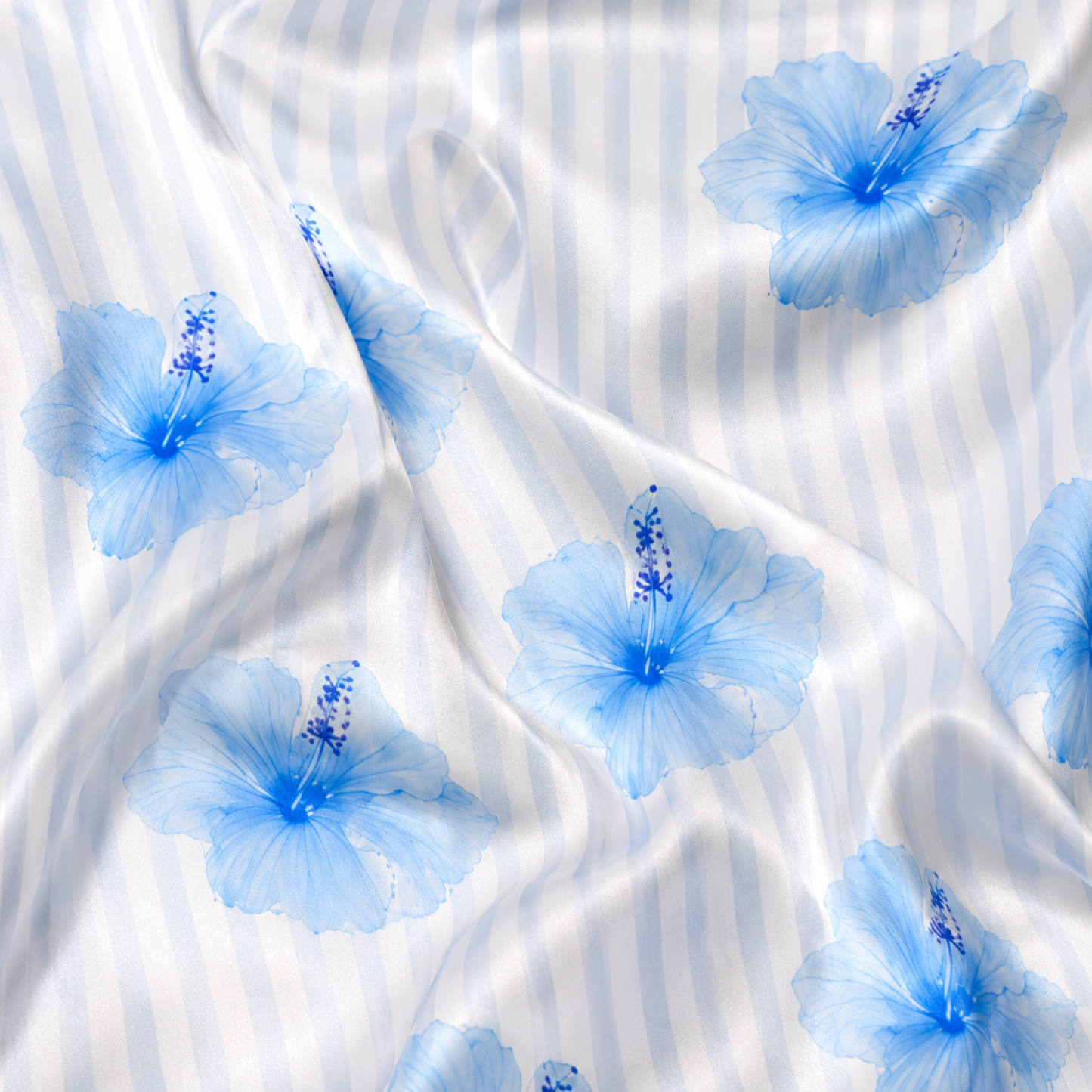 PJ-M080-Blue Striped White Satin Tropical Hibiscus Floral Print Button Down Women Lounge Pajama Set