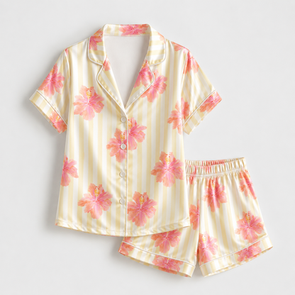 PJ-M081-Pastel Yellow Stripe Tropical Pink Floral Blossom Glossy Satin Sleepwear Match Bridal Pajama Set