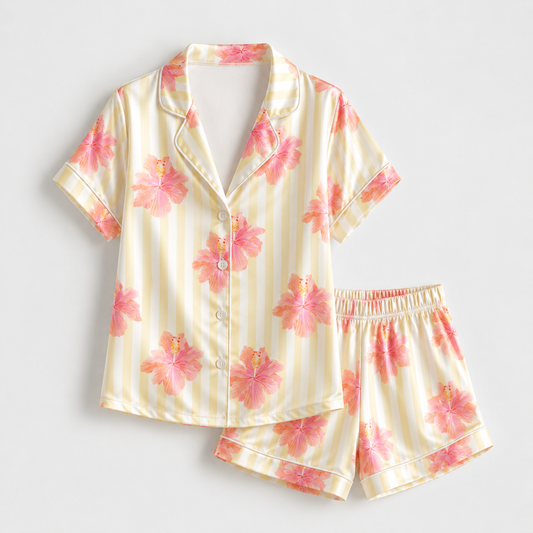 PJ-M081-Pastel Yellow Stripe Tropical Pink Floral Blossom Glossy Satin Sleepwear Match Bridal Pajama Set