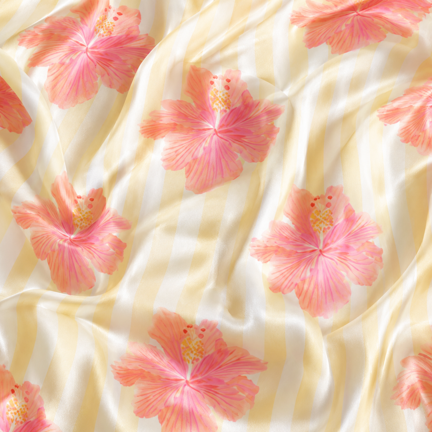 PJ-M081-Pastel Yellow Stripe Tropical Pink Floral Blossom Glossy Satin Sleepwear Match Bridal Pajama Set
