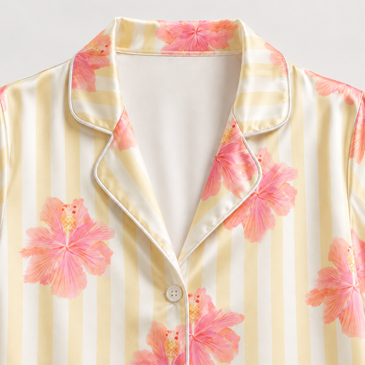 PJ-M081-Pastel Yellow Stripe Tropical Pink Floral Blossom Glossy Satin Sleepwear Match Bridal Pajama Set