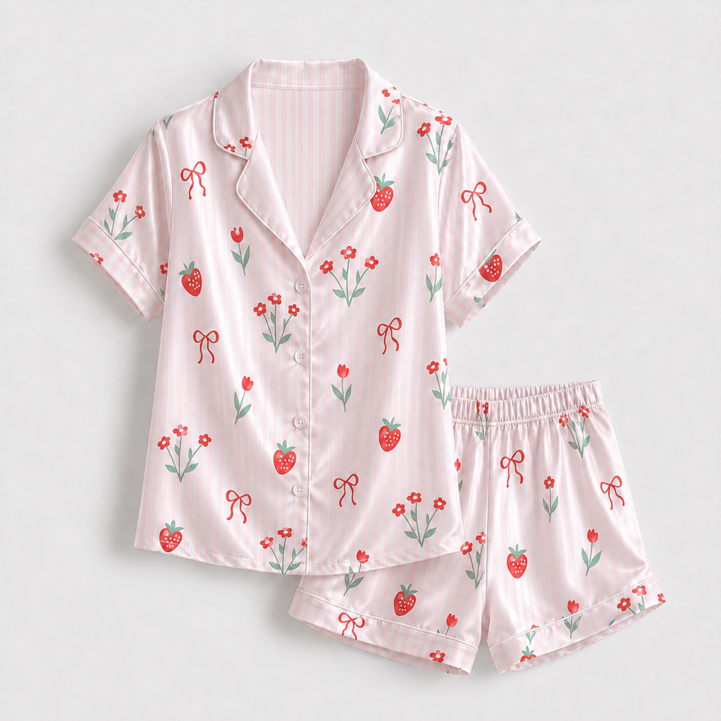 PJ-M087-Sweet Pastel Pink Striped Strawberry Floral Satin Sleepwear Button Front Aesthetic Match Pajama Set