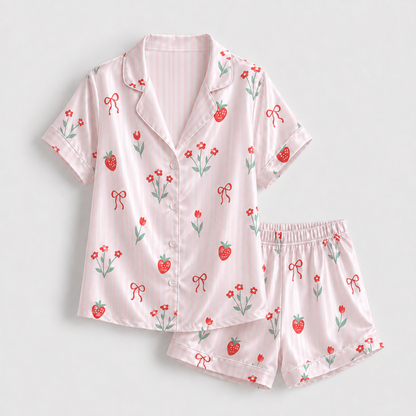 PJ-M087-Sweet Pastel Pink Striped Strawberry Floral Satin Sleepwear Button Front Aesthetic Match Pajama Set