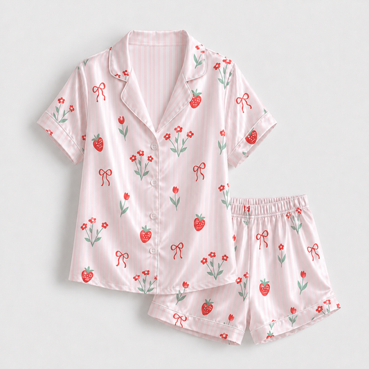 PJ-M087-Sweet Pastel Pink Striped Strawberry Floral Satin Sleepwear Button Front Aesthetic Match Pajama Set