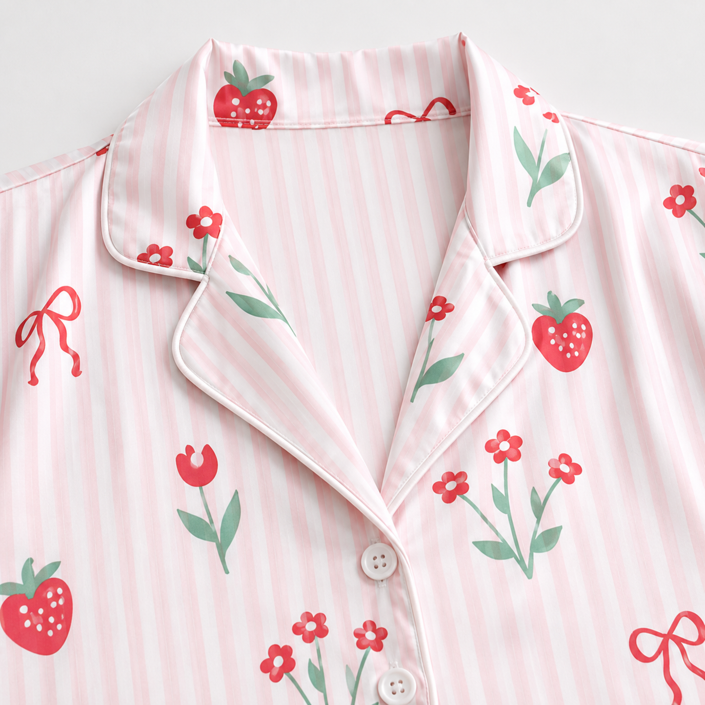 PJ-M087-Sweet Pastel Pink Striped Strawberry Floral Satin Sleepwear Button Front Aesthetic Match Pajama Set