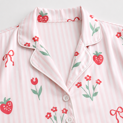 PJ-M087-Sweet Pastel Pink Striped Strawberry Floral Satin Sleepwear Button Front Aesthetic Match Pajama Set