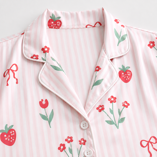 PJ-M087-Sweet Pastel Pink Striped Strawberry Floral Satin Sleepwear Button Front Aesthetic Match Pajama Set