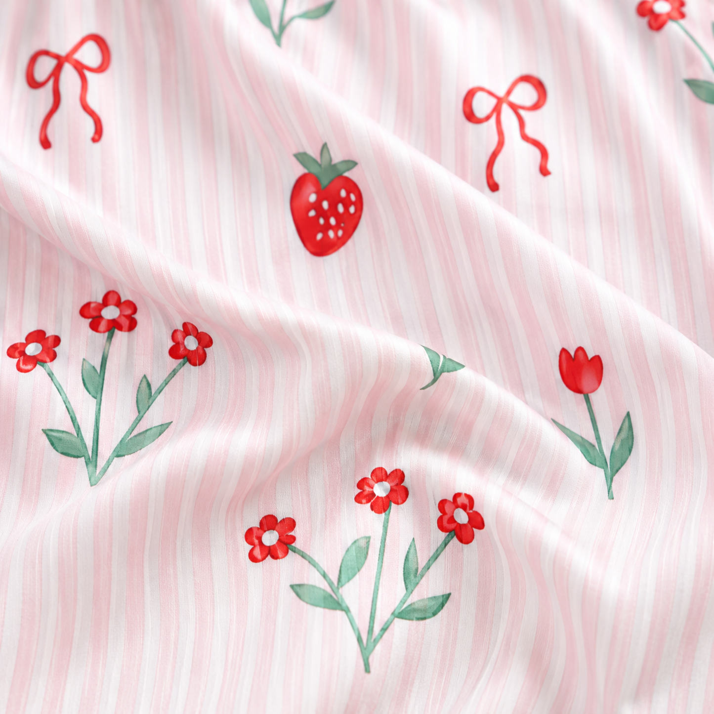 PJ-M087-Sweet Pastel Pink Striped Strawberry Floral Satin Sleepwear Button Front Aesthetic Match Pajama Set
