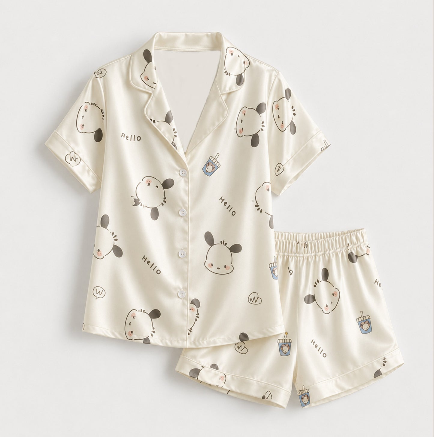 PJ-M089-Cream White Aesthetic Cartoon Puppy Pattern Satin Casual Women Sleepwear Match Pajama Set