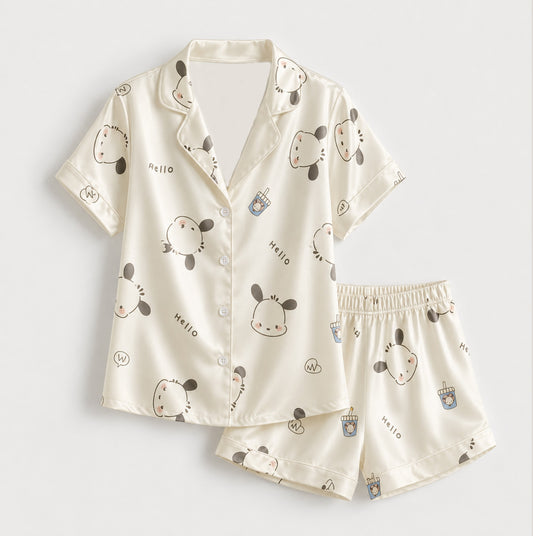 PJ-M089-Cream White Aesthetic Cartoon Puppy Pattern Satin Casual Women Sleepwear Match Pajama Set